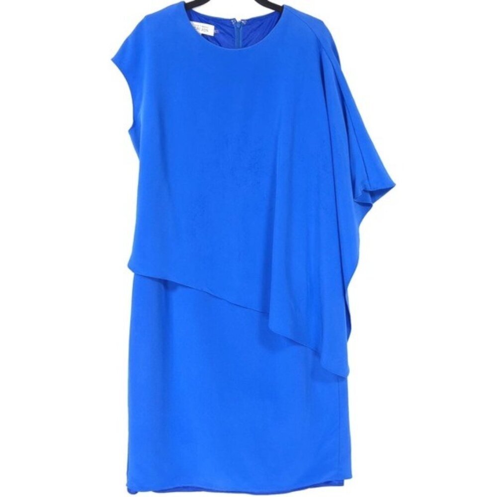 TERI JON Rickie Freeman 100% SILK One Shoulder Dress Size 10 Overlay Cape Blue‎
